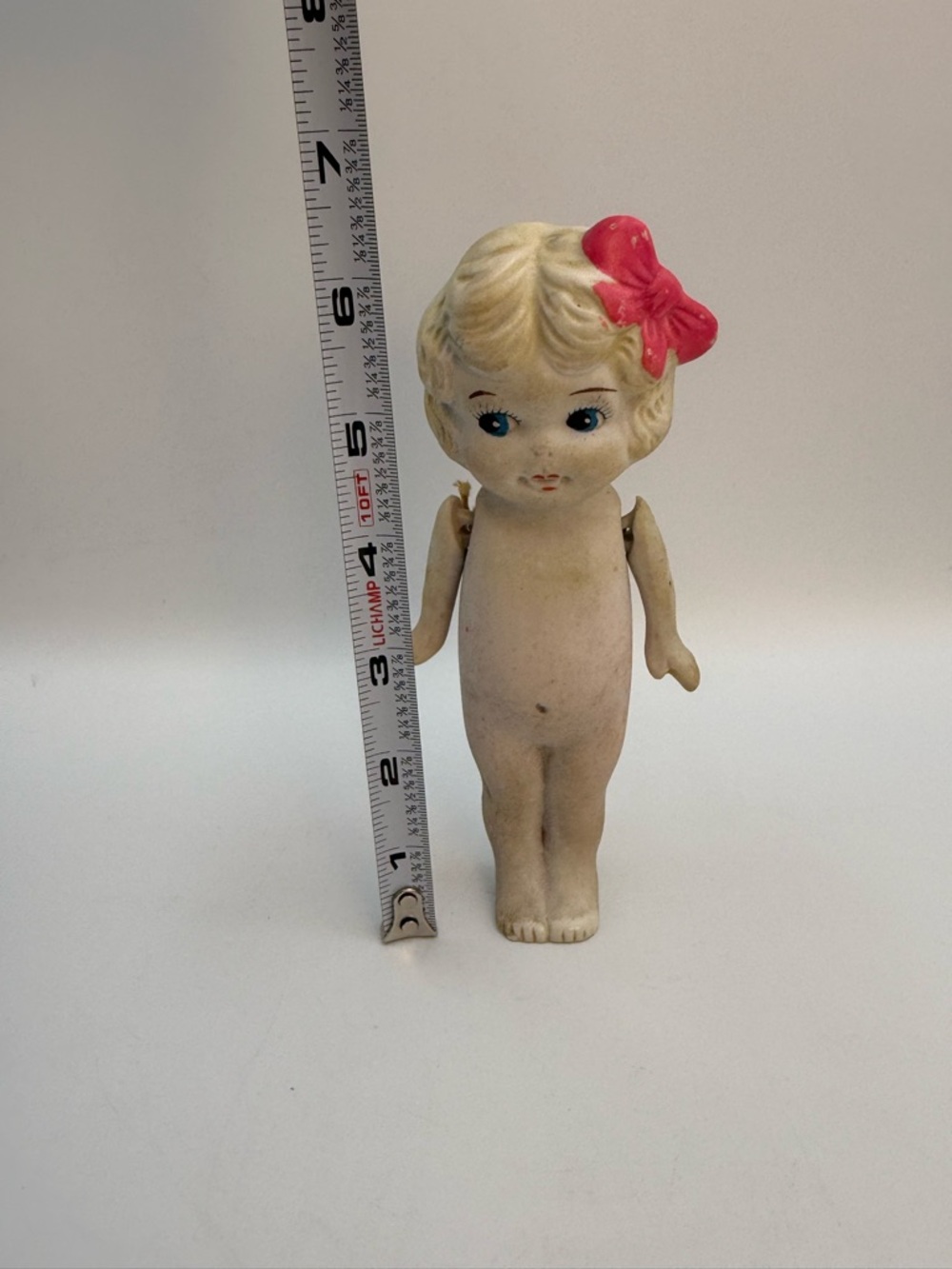 Antique Japan Bisque Kewpie Flapper Doll Strung Arms Blonde Hair Pink Bow - Picture 7 of 11